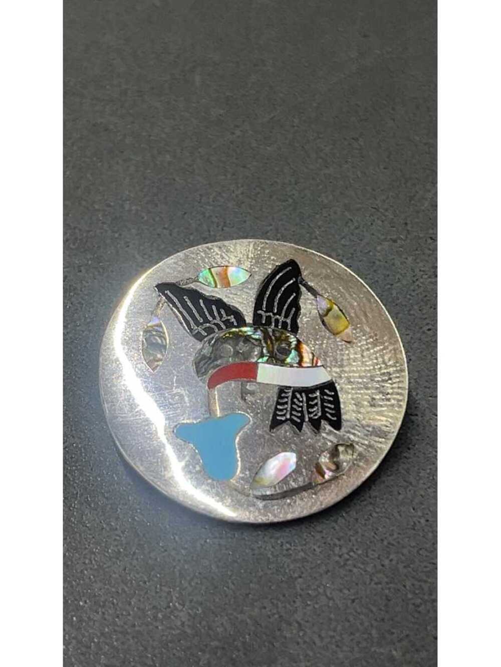 Zuni coral, turquoise hummingbird inlay sterling silver pendant/ pin -Edaakie